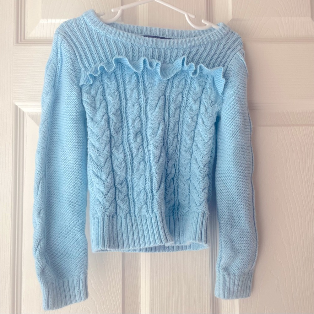Lands End Girls Cable Knit Sweater Blue Ruffle Trim Sz 4 Cozy Preppy Fall Winter
